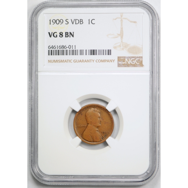 1909 S VDB 1c Lincoln Wheat Cent VG 8 Very Good San Francisco Mint VDB Coin