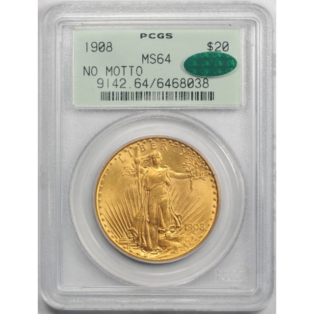 1908 $20 No Motto Saint Gaudens PCGS MS 64 Uncirculated OGH CAC Approved Nice !