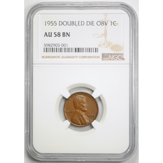 1955 1C Doubled Die Obverse Lincoln Wheat Cent NGC AU 58 1955/1955 DDO