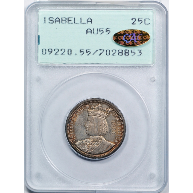 1893 Isabella Quarter Silver Commemorative PCGS AU 55 Rattler Gold CAC Sticker