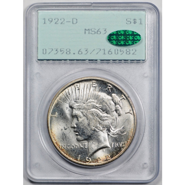 1922 D $1 Peace Dollar PCGS MS 63 Uncirculated Rattler CAC Toned