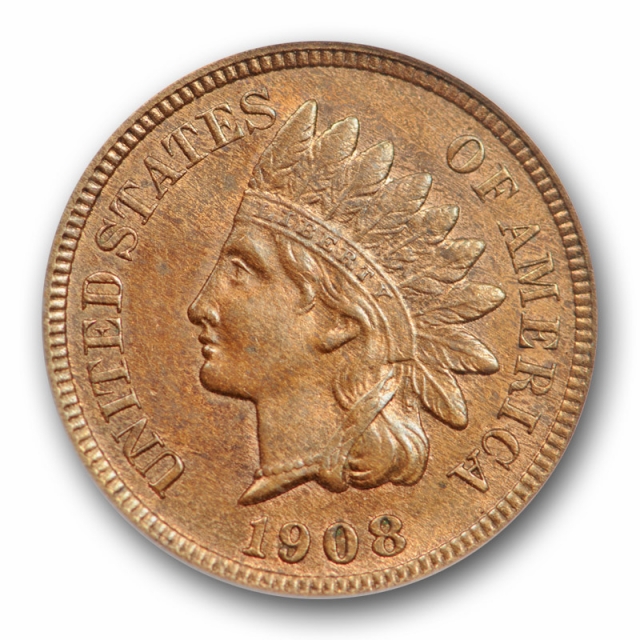 1908 S 1C Indian Head Cent ANACS MS 62 RB Uncirculated Red Brown Key Date