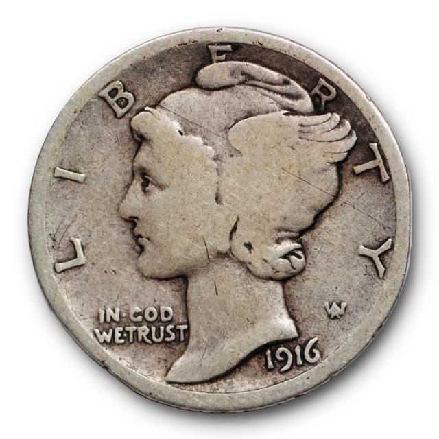 1916 D 10C Mercury Dime Very Good VG Key Date Denver Mint Rim Issue Reverse 