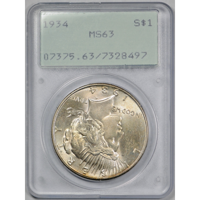 1934 $1 Peace Dollar PCGS MS 63 Uncirculated Rattler Holder Exceptional Coin !