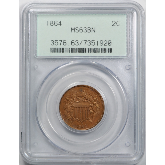1864 2C Two Cent Piece PCGS MS 63 BN Uncirculated Brown OGH Old Gasket Holder 