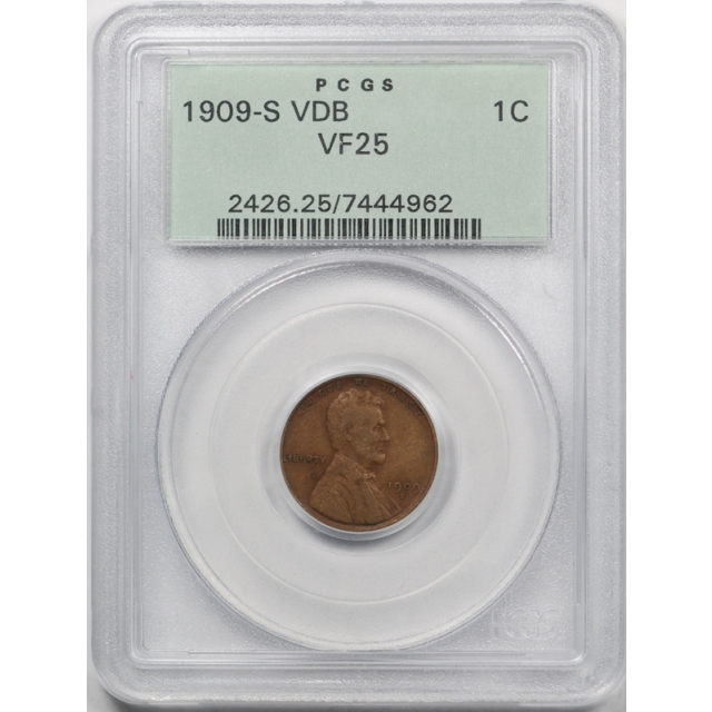 1909 S VDB 1C Lincoln Wheat Cent PCGS VF 25 Very Fine to Extra Fine Key Date OGH !