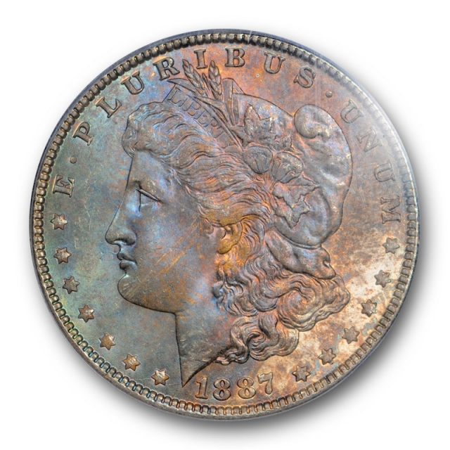 1887 $1 Morgan Dollar PCGS MS 64 Blue Purple Toned CAC Approved Beautiful OGH