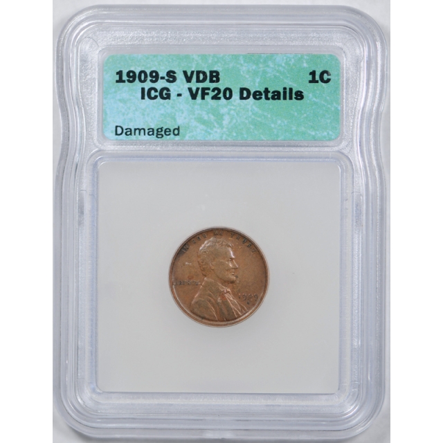 1909 S VDB 1C Lincoln Wheat Cent ICG VF 20 Very Fine Details Key Date US Coin 