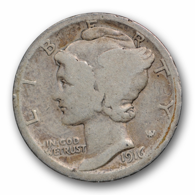 1916 D 10C Mercury Dime Good G Denver Mint Key Date Damaged Reverse 