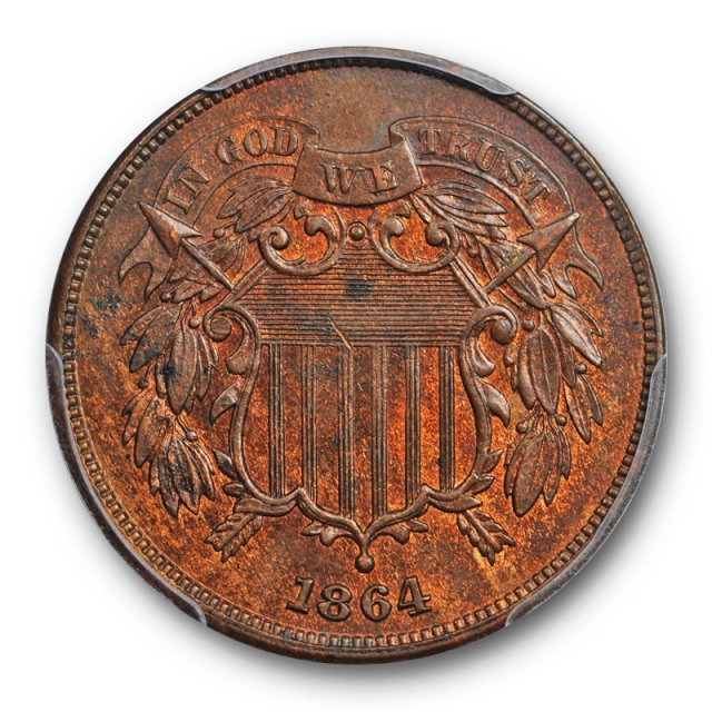 1864 2C Two Cent Piece PCGS MS 64 RB Uncirculated Red Brown Large Motto