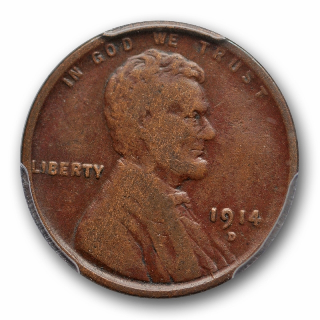 1914 D 1C Lincoln Wheat Cent PCGS F 12 Fine Denver Mint Key Date Cert#4299