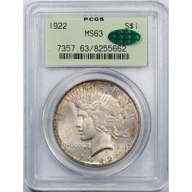 1922 $1 Peace Dollar PCGS MS 63 Uncirculated Old Green Label OGH CAC