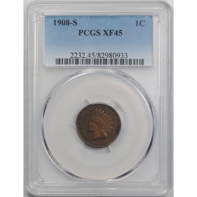 1908 S 1C Indian Head Cent PCGS XF 45 Extra Fine to About Uncirculated Key Date Cert#0933