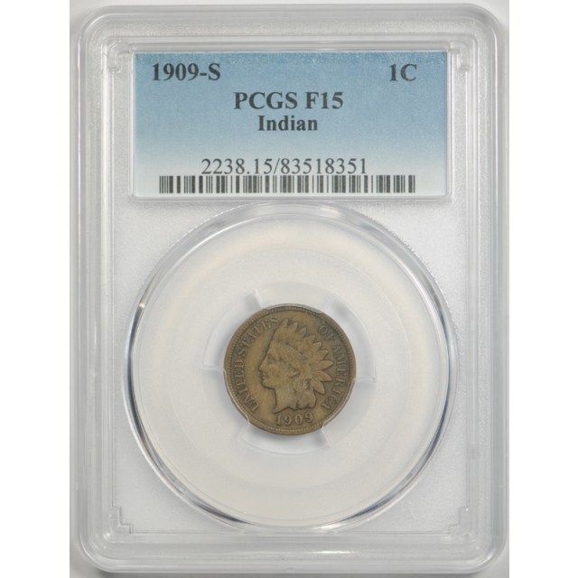 1909 S 1C Indian Head Cent PCGS F 15 Fine to Very Fine San Francisco Mint Key Date