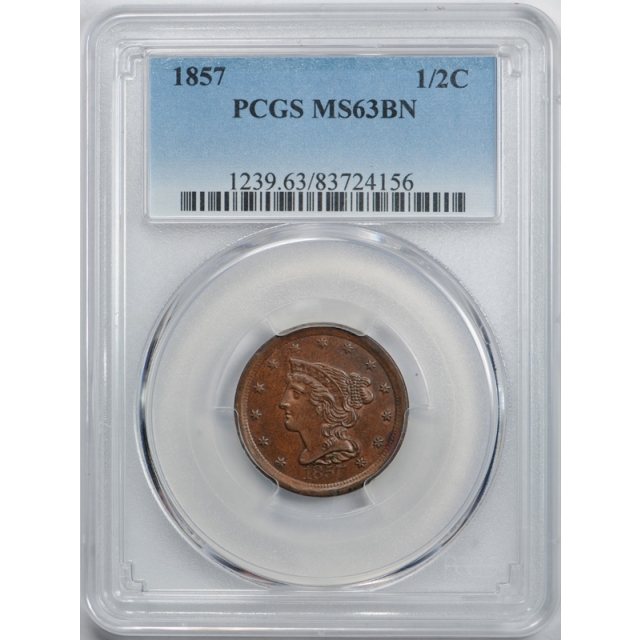 1857 1/2C Braided Hair Half Cent PCGS MS 63 BN Uncirculated Brown Key Date ! 