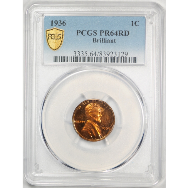 1936 1C Brilliant Proof Lincoln Wheat Cent PCGS PR 64 RD Red Gorgeous Coin ! 