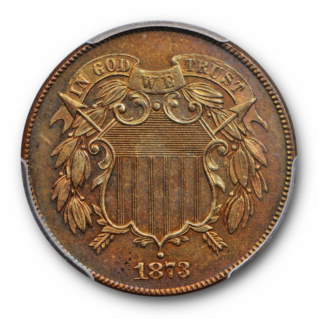 1873 2C Open 3 Two Cent Piece PCGS PR 63 BN Proof Brown Key Date Toned 
