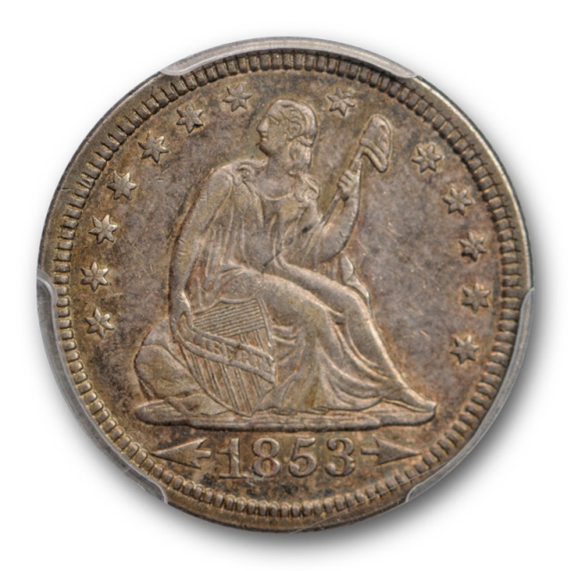 1853/4 25c Seated Liberty Quarter PCGS AU 55 Overdate CAC Approved Pop 1 ! 