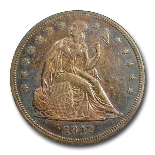 1842 $1 Seated Liberty Dollar ANACS AU 55 About Uncirculated Toned Unique Coin !