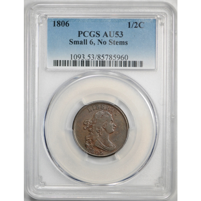 1806 1/2C Draped Bust Half Cent PCGS AU 53 About Uncirculated Small 6 No Stems