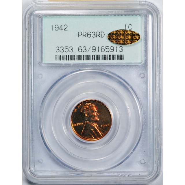 1942 1C Lincoln Wheat Cent Proof PCGS PR 63 RD OGH Gold CAC Sticker 