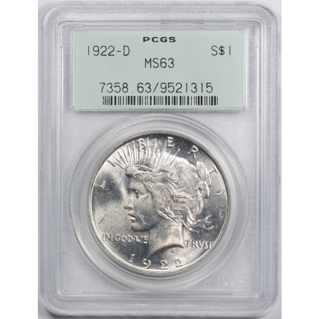 1922 D $1 Peace Dollar PCGS MS 63 Uncirculated Denver Mint OGH Old Holder 