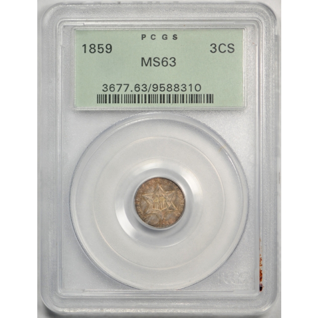 1859 3CS Three Cent Silver PCGS MS 63 Uncirculated Toned OGH Old Holder Nice !