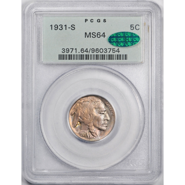 1931 S Buffalo Nickel PCGS MS 64 Uncirculated OGH Toned CAC  Undergraded !