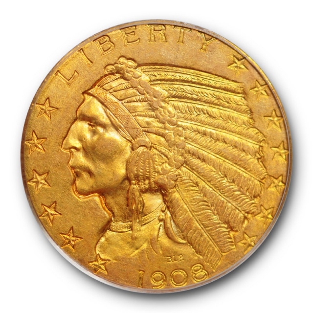 1908 $5 Indian Head Gold Piece PCGS MS 62 Uncirculated OGH Looks Nicer