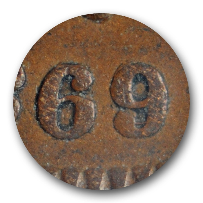 1869/69 1C Indian Head Cent PCGS XF 40 Extra Fine 1869/9 RPD FS 303